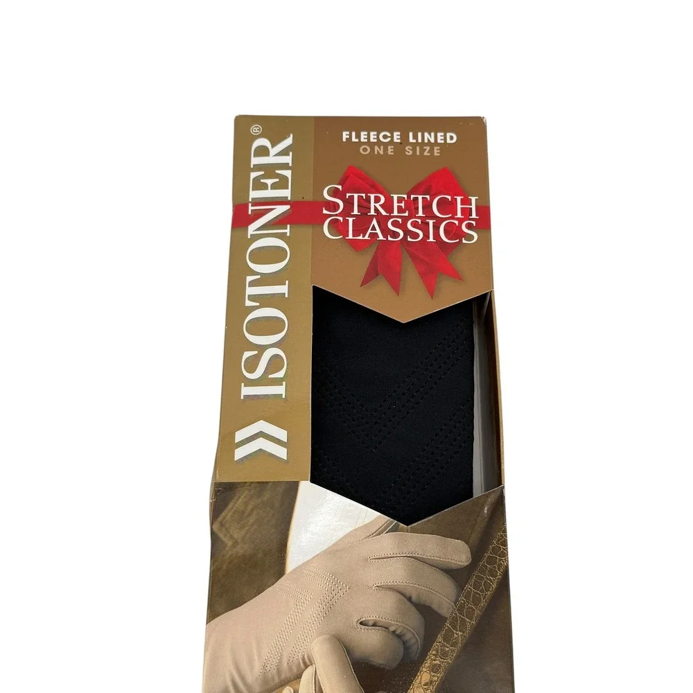 Isotoner Stretch Classics Fleece Lined Gloves Black Leather Palm Womens One Size